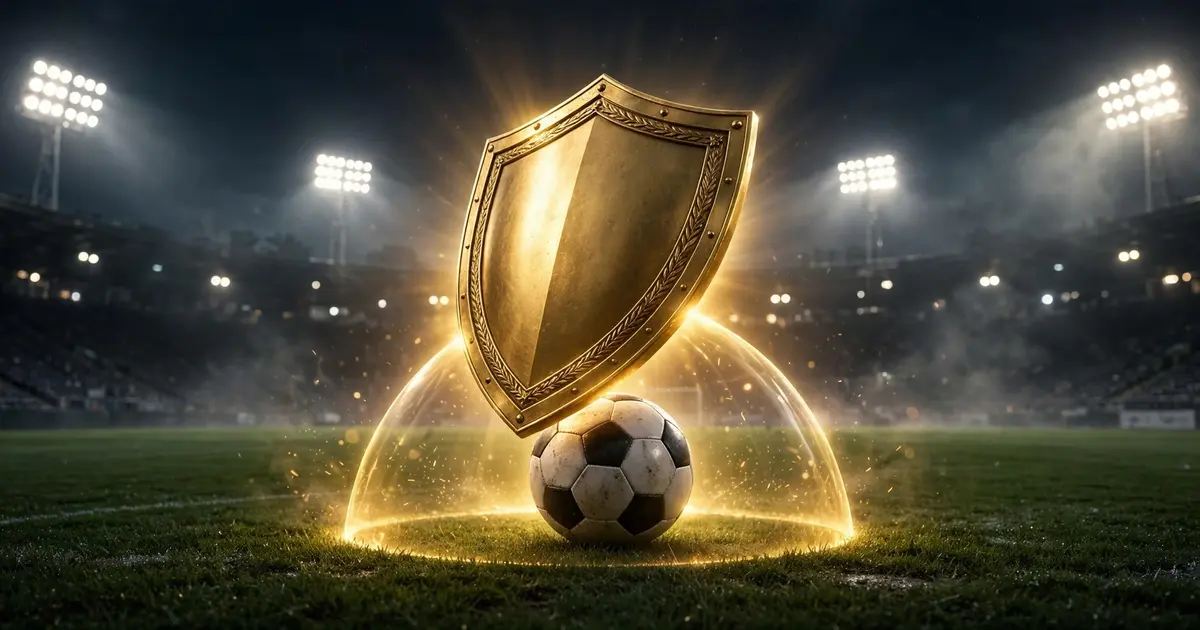 Glowing shield protecting a football on a dark pitch at night
