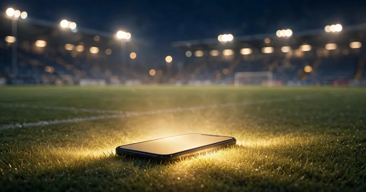 Smartphone glowing with assist light on a football pitch at night