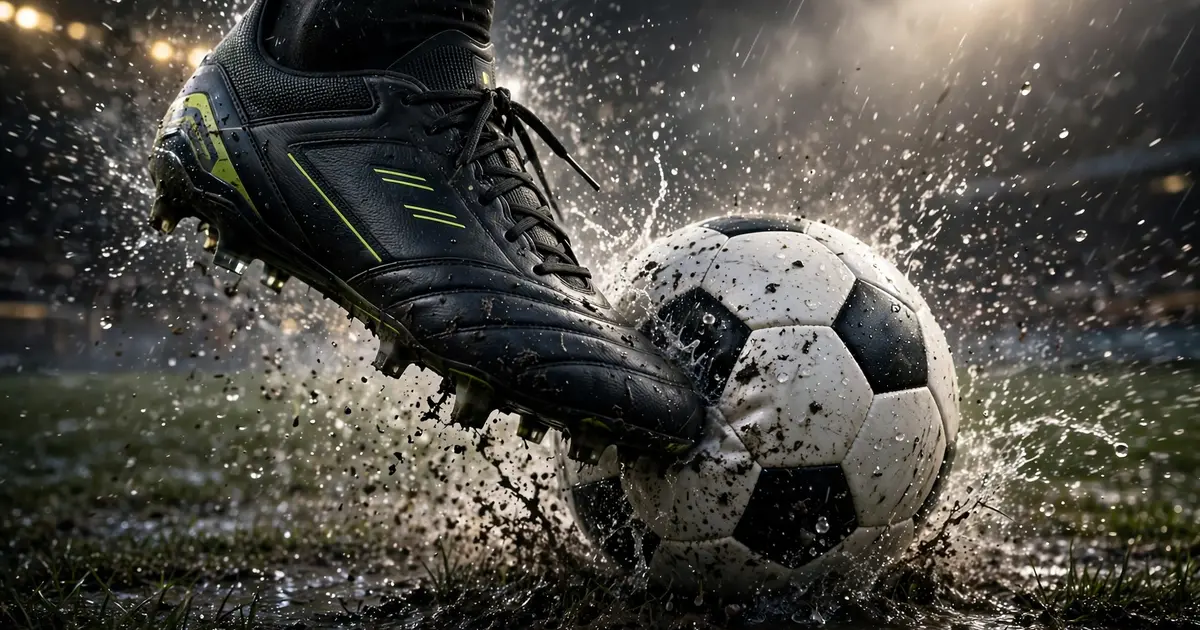 Close-up of a football boot striking a ball on a wet pitch at night