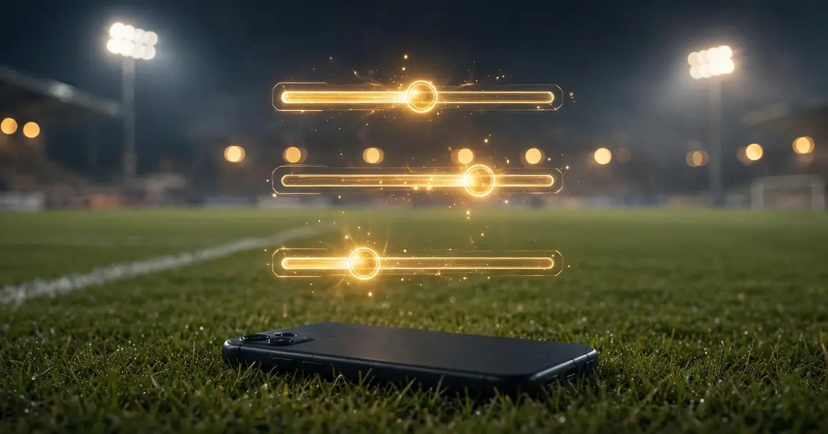 Budget smartphone on a football pitch at night with glowing settings sliders