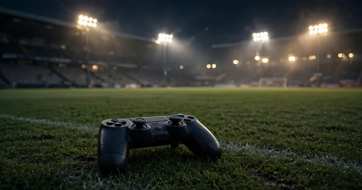 Game controller resting on a football pitch under stadium floodlights at night
