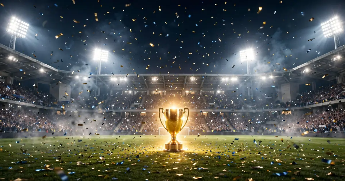 Football stadium at night with golden trophy glow over the pitch