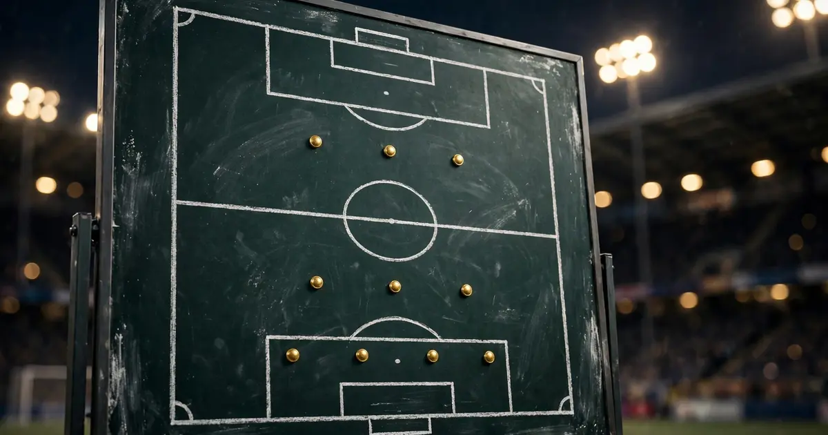 Tactics board showing a 4-3-3 formation diagram with golden player dots under floodlights