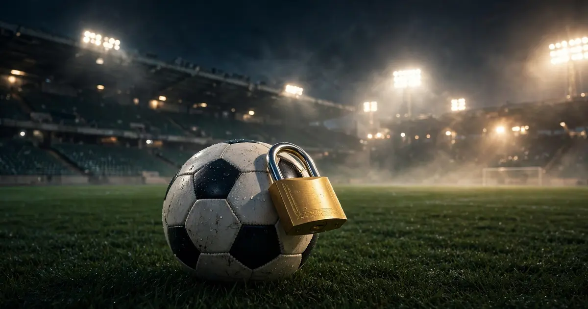 Golden padlock resting on a football on a dark pitch under stadium floodlights
