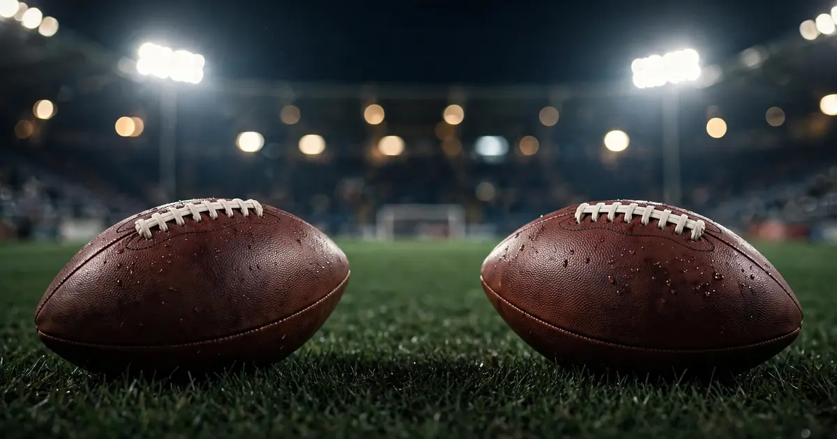 Two footballs facing off on a dark pitch under stadium floodlights
