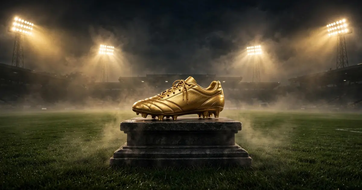 Golden football boot trophy glowing under stadium floodlights at night