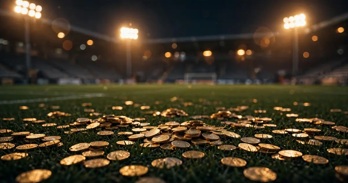 Golden coins scattered on a football pitch glowing under floodlights
