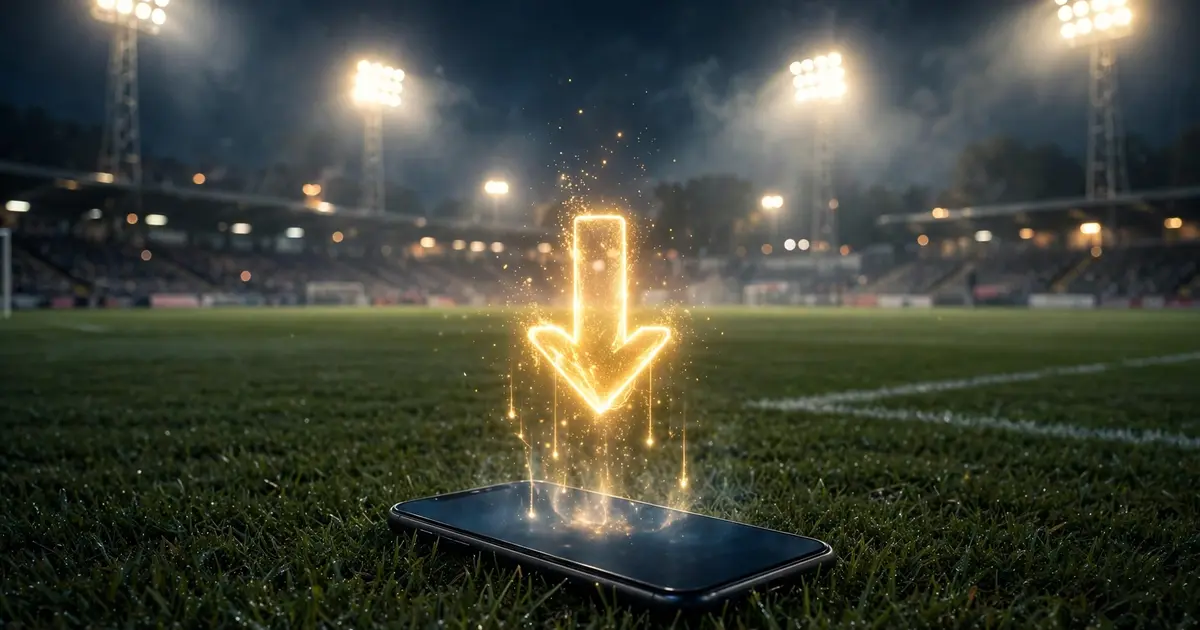Smartphone on a football pitch at night with a glowing download icon above it