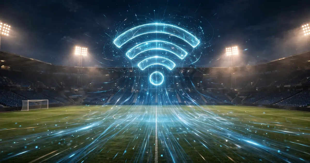 Strong Wi-Fi signal glowing over a football pitch at night