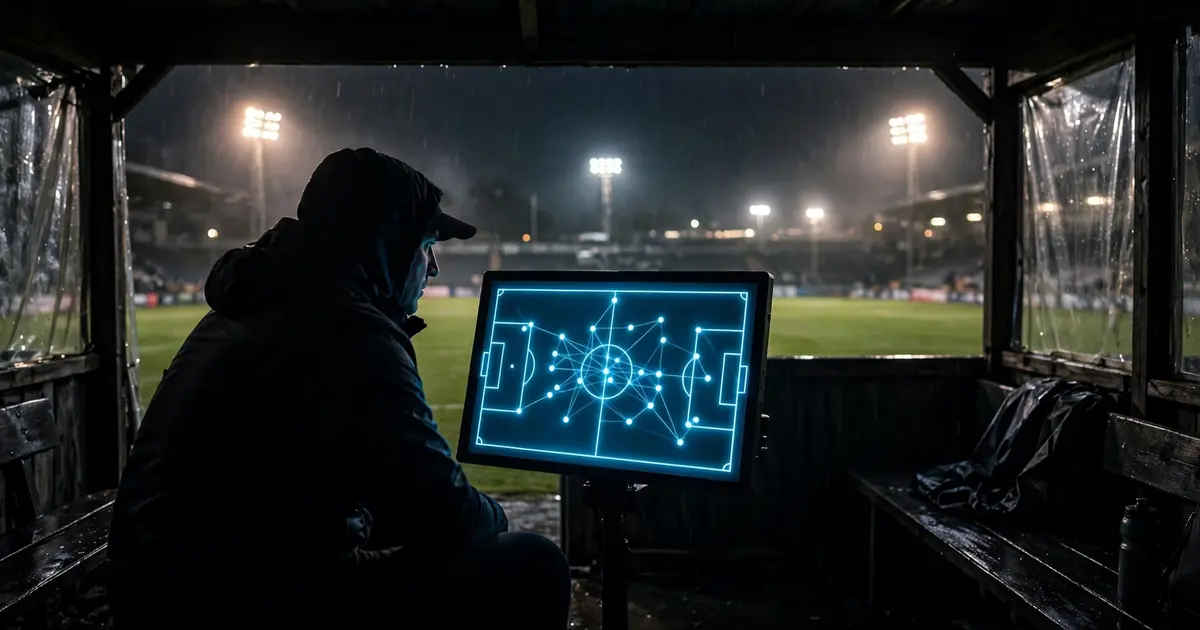 Football manager studying tactics under floodlights at night