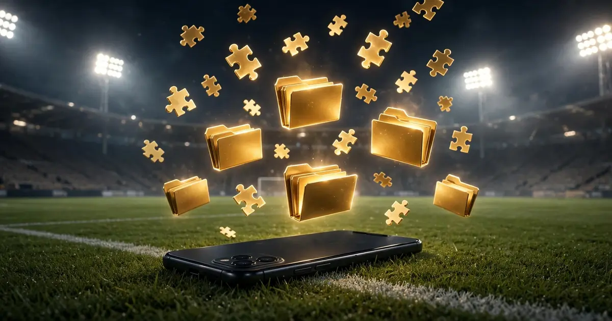 Smartphone with glowing file boxes floating above a football pitch at night
