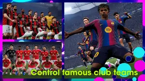 eFootball club teams lineup screen with AC Milan, Barcelona and Manchester United squads