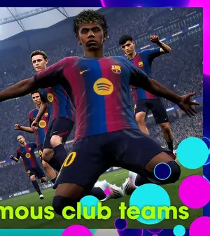 eFootball match action with a Barcelona player celebrating under stadium lights